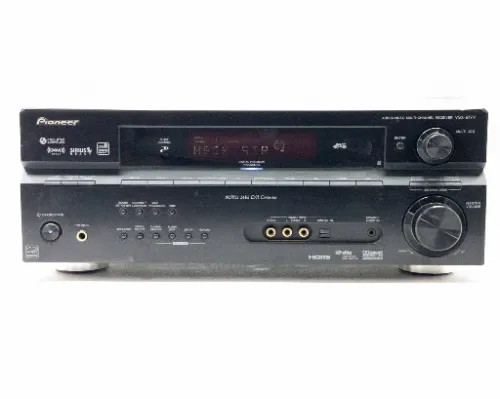 Pioneer VSX-917V-K front panel angled view showing display, input selectors, and HDMI logo on lower fascia