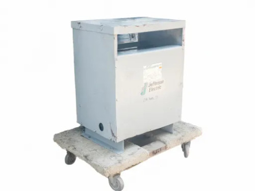 Jefferson Electric 423-3194-055 30 kVA dry type transformer – three-quarter front-left view on pallet dolly