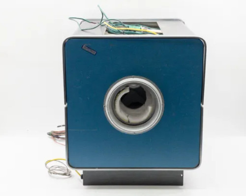 Lindberg 54434 Hevi-Duty Tube Furnace left side view showing blue panel, circular tube opening, and loose wiring leads hanging from base
