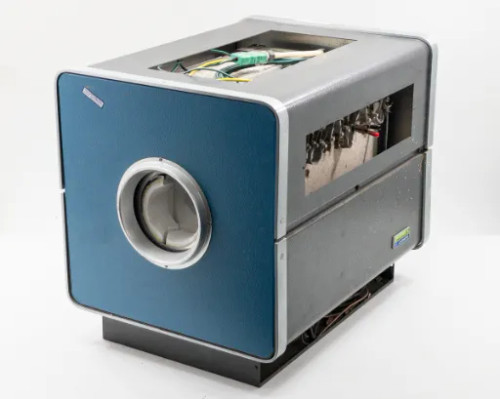 Lindberg 54434 Hevi-Duty Tube Furnace front-left angle view showing blue front panel with tube opening and open top revealing internal components
