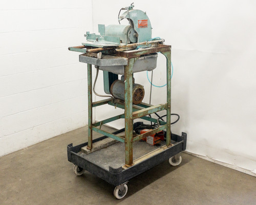 Pistorius Machine Co Model C Radial Saw on rolling steel cart, full front view showing saw head and motor