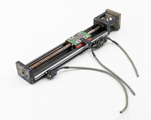 Hiwin KK60 linear ball screw stage full assembly angled view showing rail, carriage, and attached cables