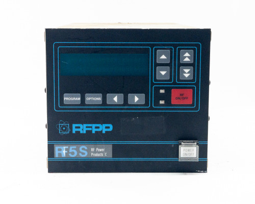 RFPP RF5S front panel LCD display close-up showing blank screen and PROGRAM and OPTIONS membrane buttons