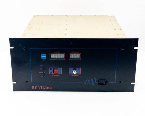 RFVII RF-20-XXVII front panel straight-on view showing 4-digit LED incident and reflectant power displays, RF Enable switch, and Power Set knob