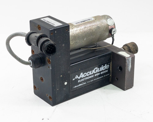 AccuWeb AccuGuide MME-1 7303-01 electronic web guide and MTR 3091 actuator assembly — front view showing AccuWeb branding label and multi-pin connector