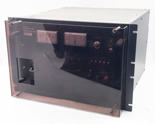 Takasago BWS 40-15 Bipolar Power Supply front panel view with smoked acrylic cover, angled left