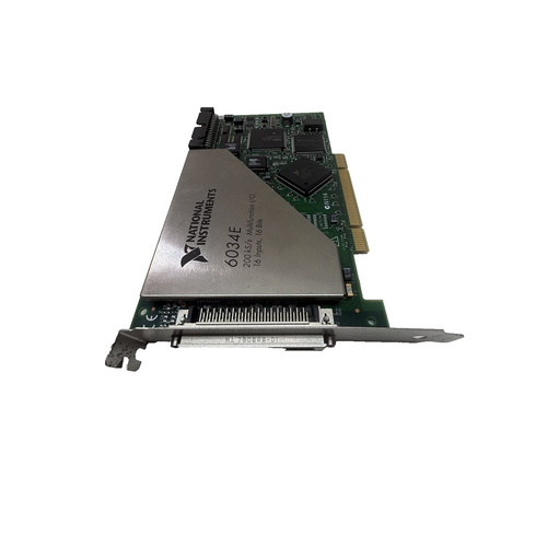 National Instruments 6034E PCI DAQ card angled side view showing EMI shield label and dual connectors