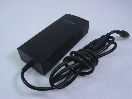 InFocus KM-281E AC adapter top view showing InFocus logo and coiled output cable with 4-pin DIN connector