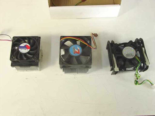 Three generic Socket 478 CPU heatsink fan coolers side by side showing aluminum fins and 80mm fans with colored wiring leads