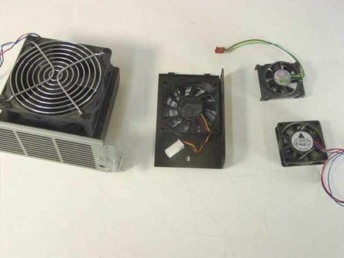 Four representative 12V DC brushless cooling fans laid out: large heatsink-mount fan unit, medium black cage-mount fan with 4-pin connector, and two small axial fans with wire leads