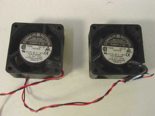 Two Comair Rotron Flight II DC fans side by side showing label with model FS24B3 and 031157 markings