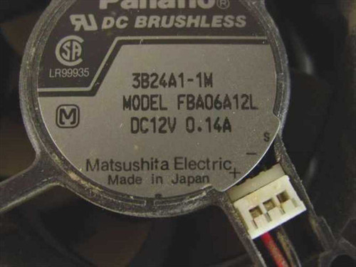 Panasonic FBA06A12L DC Brushless fan label showing model number, 12V 0.14A rating, Matsushita Electric Made in Japan