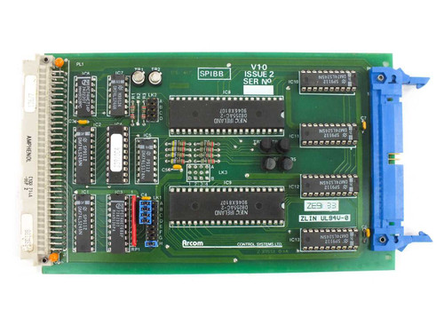 Arcom SPIBB V10 Issue 2 parallel I/O card — top-down component side view showing chip layout, jumper blocks, and Amphenol connector edge