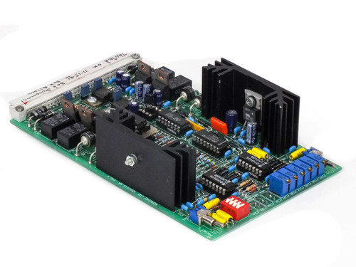 Nordiko N930044.SA circuit board angled rear-left view showing relay block, electrolytic capacitors, IC array, and edge connector with date label