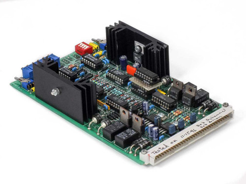 Nordiko N930044.SA PCB front view showing two black heatsinks, relay array, blue and red capacitors, and multi-pin edge connector with tested label