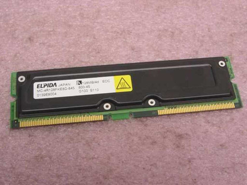 Elpida MC-4R128FKE8D-845 128MB ECC RDRAM RIMM module – front view showing label with part number and heat spreader