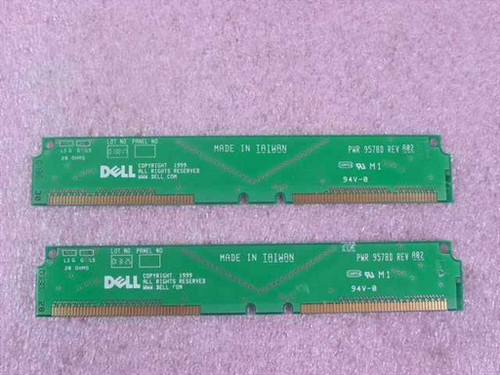Dell PWR 9578D REV A02 RDRAM memory spacer modules — front face showing Dell logo, MADE IN TAIWAN marking, and part number labels on both spacers