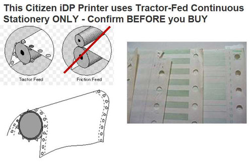 Citizen CBM iDP3530 tractor feed printer – infographic showing tractor feed vs friction feed paper types with sample sprocketed paper