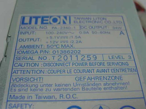 Lite-On PA-2340-1 label showing model number, 100-240V input, 34W DC output, and Iomega part number 01386202