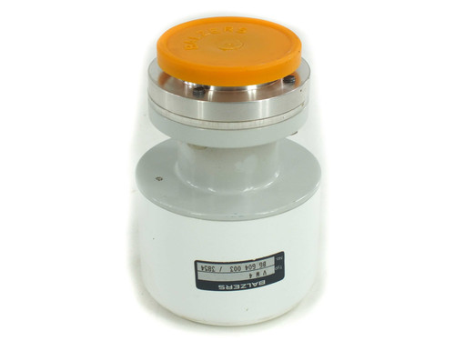 Balzers VW 4 KF-40 vacuum pump fitting front view with orange protective cap installed and model label visible