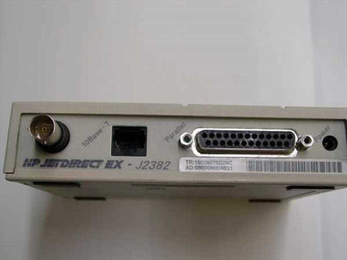 HP JetDirect EX J2382B rear panel showing BNC 10Base-2, RJ45 10Base-T, DB25 parallel port, and power connector