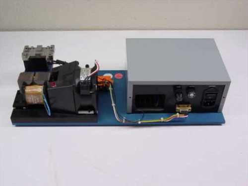RDJ Controls custom stage controller variac — rear-right view showing IEC AC inlet, DB9 connector, and transformer assembly on blue board