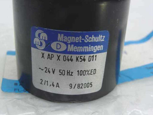 Magnet-Schultz Memmingen solenoid coil label showing model X AP X044 K54 D11, 24V 50Hz 100%ED, 2/1.4A, date code 9/82005