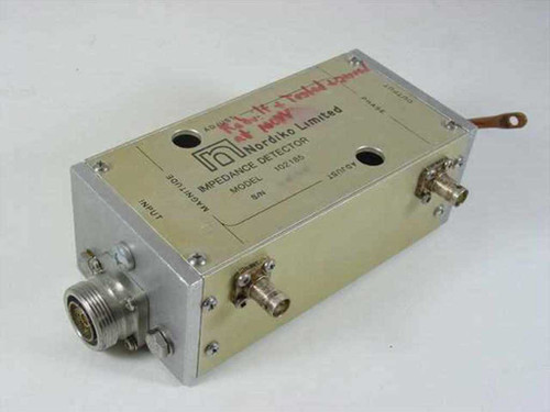 Nordiko 102185 Impedance Detector — top-angled front view showing 7/16 DIN female RF input connector and BNC output ports on top panel with red handwritten notation