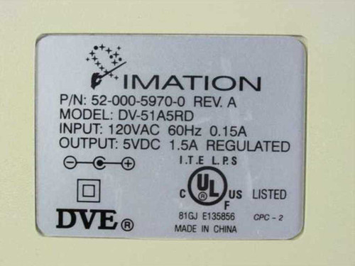 Imation DV-51A5RD label showing part number 52-000-5970-0 Rev A, input 120VAC 60Hz 0.15A, output 5VDC 1.5A regulated, UL listed, made in China