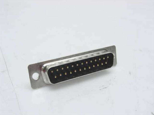 DB25 25-pin D-Sub male solder cup connector — angled front view showing gold-plated pins and metal shell