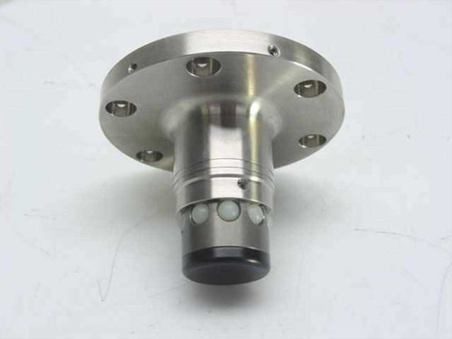 Stainless steel spindle chuck 2.5x025 inverted showing 6-hole flange, ball-lock collar, and black lower cap — underside view