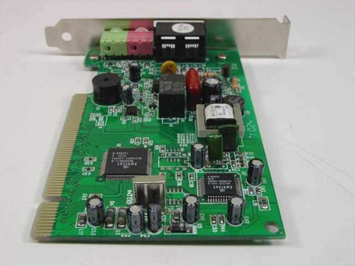 Encore ENF656-PCIG-INPR PCI 56K modem card – top-down view of PCB showing main modem controller chip, relay, capacitors, and PCI edge connector