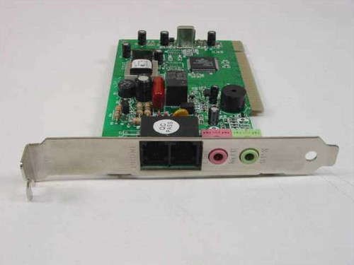 Encore ENF656-PCIG-INPR PCI 56K modem card – front bracket view showing RJ-11 phone jack and 3.5mm mic and speaker audio jacks