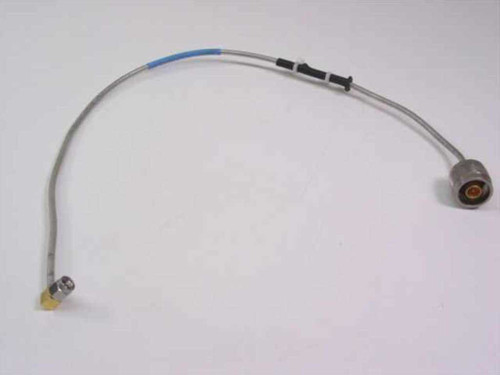 KMW Microwave 200580-001 RF coaxial cable full length view showing N-type male connector on right and SMA right-angle connector on left