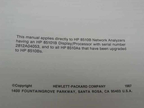 HP 8510B Keyword Dictionary interior page showing compatibility statement: applies to 8510B with 85101B Display/Processor and upgraded 8510As; copyright Hewlett-Packard 1987