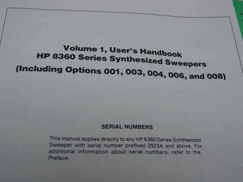 HP 8360 Series Synthesized Sweepers Vol 1 User's Handbook title page showing Options 001 003 004 006 and 008 and serial number applicability note SN prefix 2923A and above