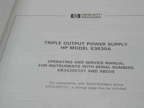 HP E3630A manual title page showing 'Operating and Service Manual for Instruments with Serial Numbers KR34200101 and Above'