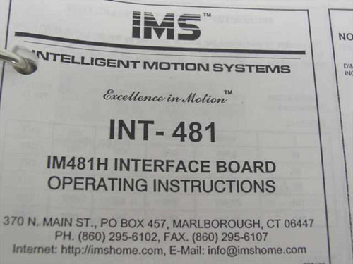 IMS INT-481 IM481H Interface Board Operating Instructions title page — Intelligent Motion Systems logo and document title visible