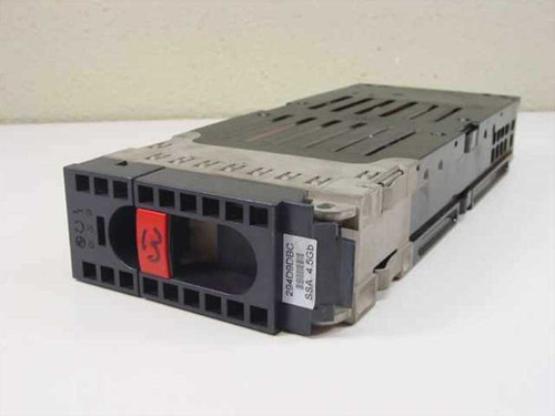 IBM 89H4941 SSA hard drive caddy enclosure — front angled view showing red SSA connector and label with 4.5GB notation