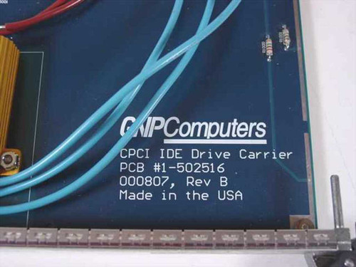 GNP PDSi CPCI IDE Drive Carrier PCB label close-up showing part number 1-502516, 000807 Rev B, Made in the USA