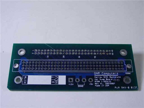 GNP Computers Narrow SCSI Backplane PCB 1-503123 Rev X1 – bottom view showing GNP Computers label, revision, and Made in USA marking