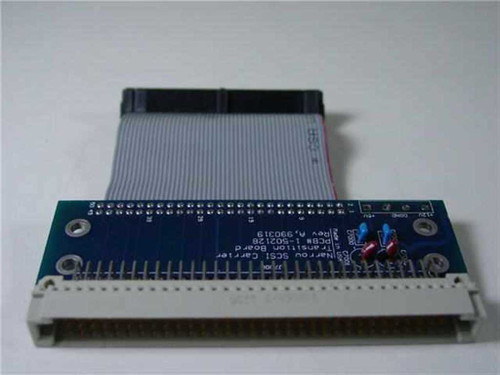 GNP PDSi 1-502128 Narrow SCSI Carrier Transition Board Rev A — angled view showing 50-pin connector edge and attached ribbon cable