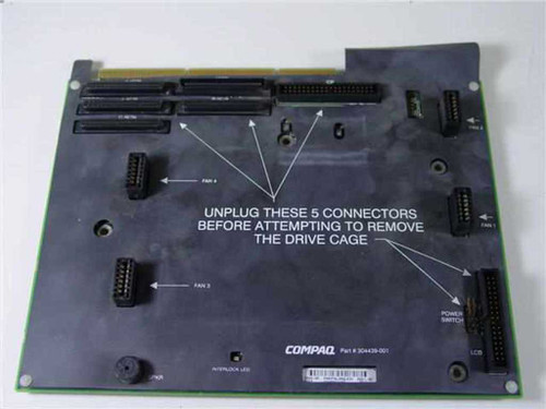 Compaq 304439-001 ProLiant fan controller board — top side showing fan connectors labeled Fan 1–4, power switch header, LCD header, and printed drive cage removal instructions