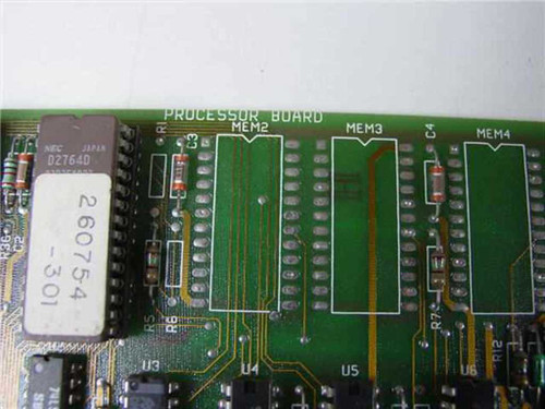 Dataproducts Processor Board 260753-006B — close-up of PCB top edge showing 'PROCESSOR BOARD' silkscreen, MEM2/MEM3/MEM4 sockets, NEC D2764D EPROM, and label 260754-301