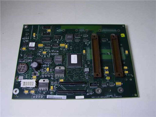 Exabyte SMCD-785400-A03 tape drive backplane board — component side top view showing main ICs and ribbon connectors