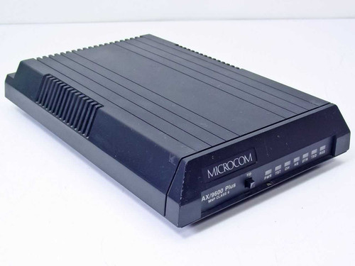 Microcom AX/9600 Plus external modem – front-right angle showing ribbed black case and LED indicator panel