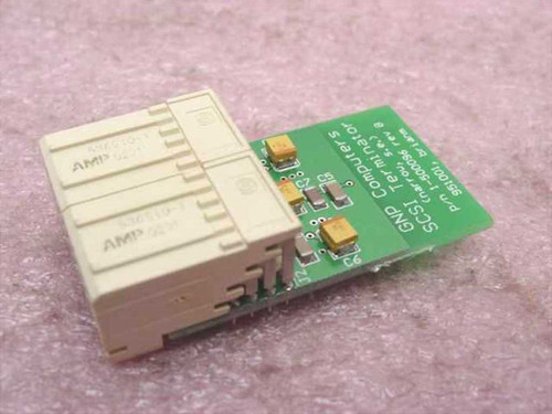 GNP Computers 1-500096 Rev B SCSI Terminator rear view showing AMP connector block and green PCB