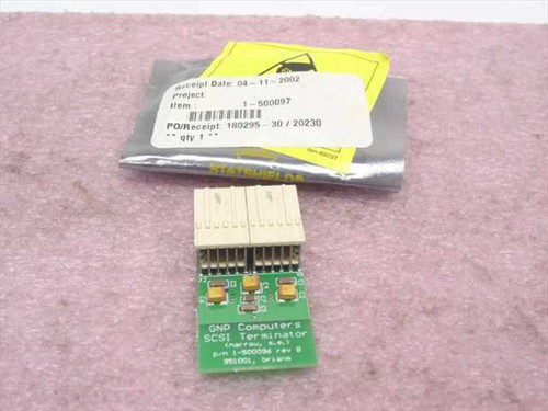 GNP Computers 1-500096 Narrow SCSI Terminator PCB module with original receipt bag showing part number and date