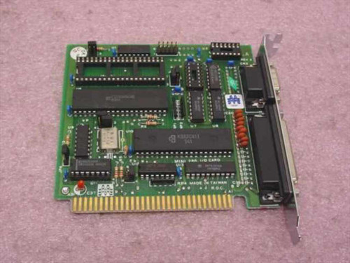 Magitronic Mini 286 ISA I/O Card – top-down PCB view showing ISA edge connector, ICs, and bracket ports