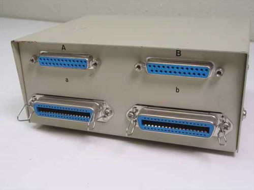 Data transfer switch rear panel showing four parallel ports: two DB25 female connectors (A, B) and two Centronics female connectors (a, b)